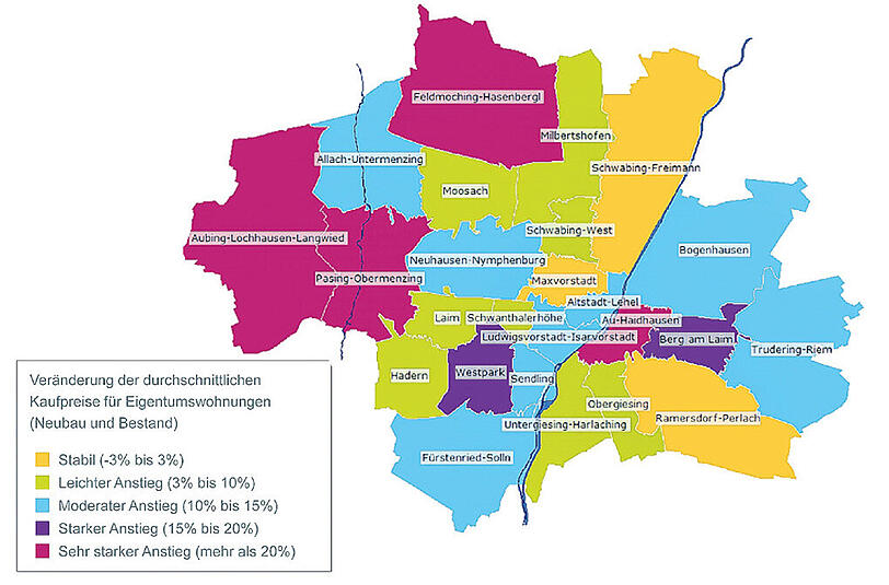 Prozentuale Preisveränderungen von Eigentumswohnungen in den Münchner Stadtteilen: Ausreißer am Stadtrand: Im Norden und im Westen stiegen die Eigentumswohnungspreise am dramatischsten.