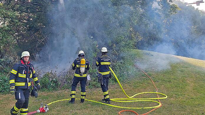 Etwa 70 Quadratmeter an Hecke und Vegetation brannten ab, zur Brandursache ermittelt die Polizei.