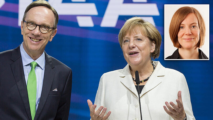Auto-Lobbyist Matthias Wissmann mit Angela Merkel. Politikwissenschaftlerin Christina Deckwirth (kl. Bild) sieht den Einfluss der Lobby auf die Politik mit Sorge.