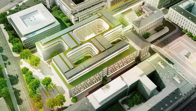 So soll die neue Siemens-Zentrale aussehen. Oben rechts am Eck liegt das Palais.