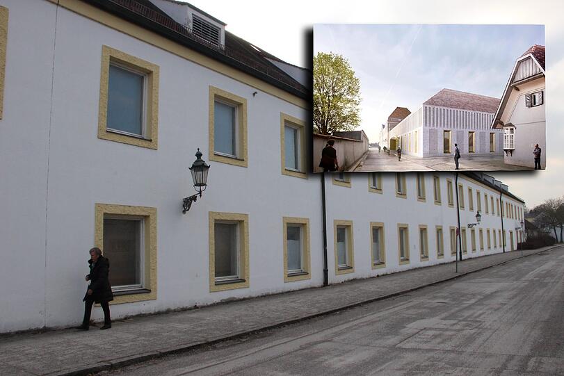 Nicht denkmalgeschützt: das abzureißende Gebäude. Der aktuelle Fassaden-Entwurf (kleines Bild) ist auch nicht final.