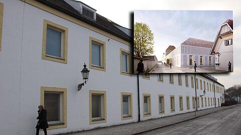Nicht denkmalgeschützt: das abzureißende Gebäude. Der aktuelle Fassaden-Entwurf (kleines Bild) ist auch nicht final.
