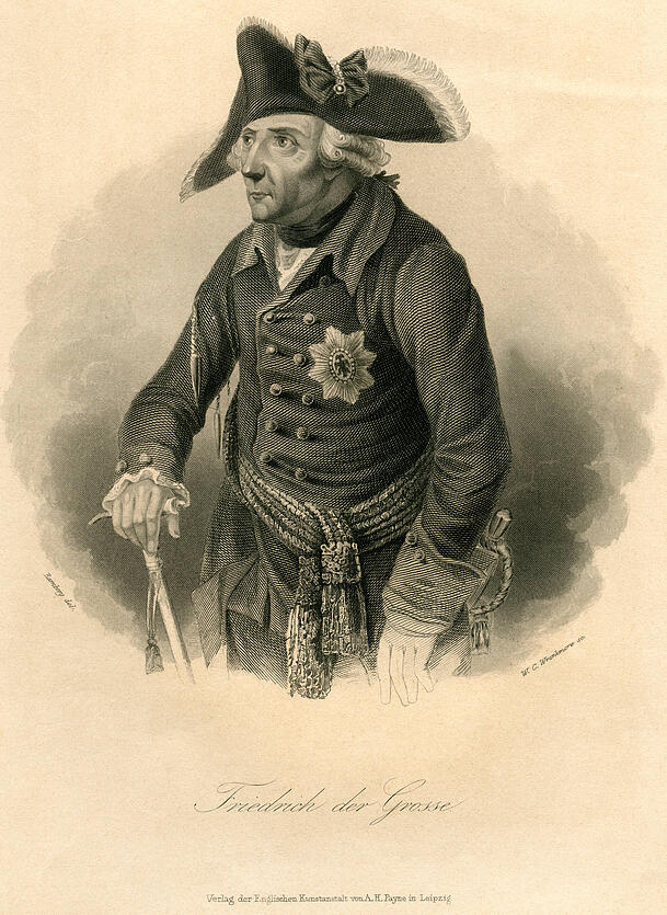 Friedrich der Gro&szlig;e, K&ouml;nig von Preu&szlig;en, Stahlstich um 1840. F&uuml;r seine Armee lieferte Paul Benedikt Wolff das Tuch &ndash; daf&uuml;r erhielt er den Adelstitel.