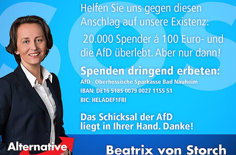 Beatrix von Storch fleht die Partei-Mitglieder um Spenden an.