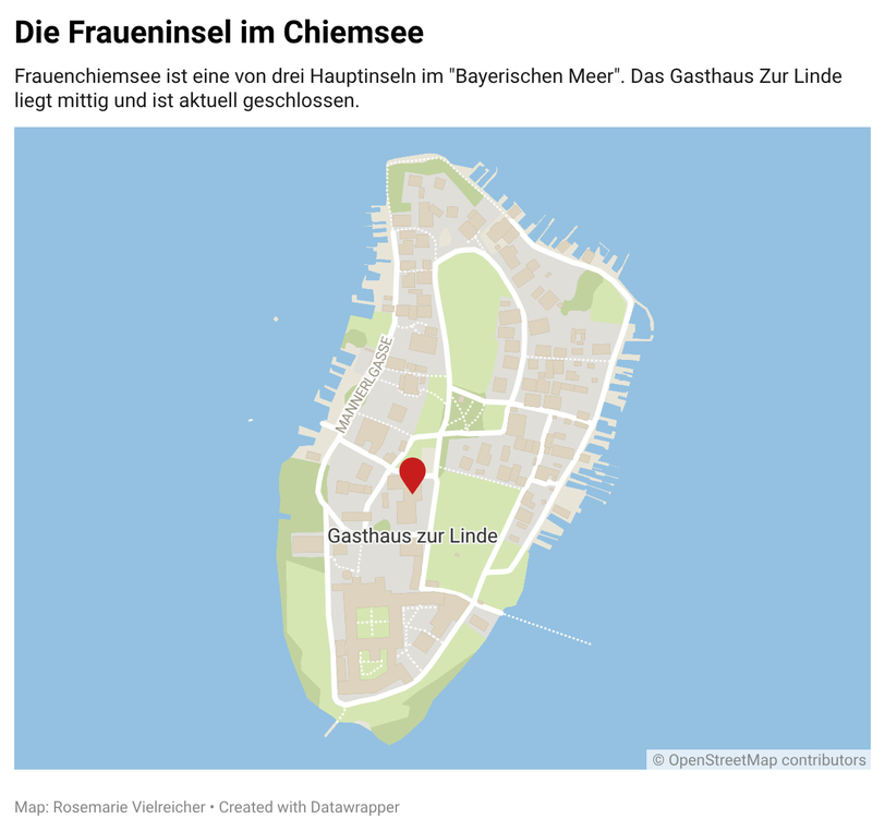 Die Fraueninsel. Rot markiert ist das Gasthaus Zur Linde.