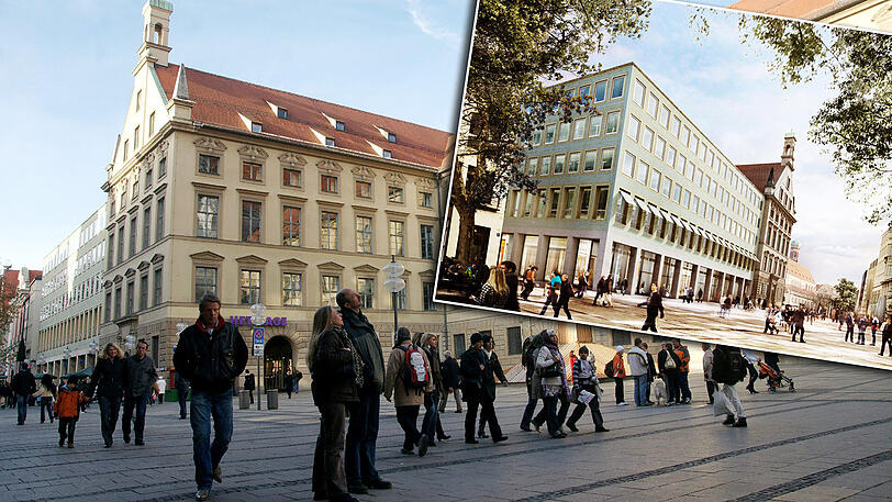 Die Alte Akademie in der Münchner Altstadt. Im kleinen Bild: Visualisierung der zukünftigen Arkaden: Die Arkaden der Kapellenstraße (Seitenstraße) fallen aber weg, die in der Neuhauser Straße sollen verkleinert werden.
