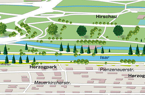 Nach der John-F.-Kennedy-Brücke: Auf der anderen Seite der Brücke wird alles anders. Aus der Thomas- Mann wird im Herzogpark die Heinrich-Mann-Allee geworden. Statt an den Zauberberg denkt der Kultur-Freak jetzt an den &bdquo;Untertan&ldquo; oder den blauen Engel Marlene Dietrich.  Links der Isar erobert die Hirschau das Uferareal von Eisbach und Isar.