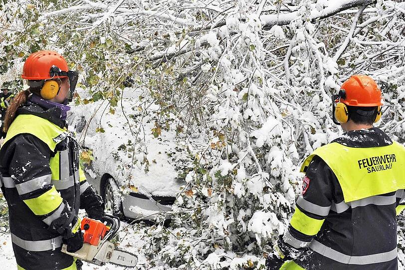 Bei diesem Schneebruch in Sauerlach-Hofolding ist ein Baum auf einen Pkw gestürzt.