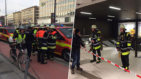 Einsatzkräfte der Feuerwehr sperren das Zwischengeschoss am Stachus ab. Wegen einer Oberleitungsstörung ist die S-Bahn-Stammstrecke derzeit gesperrt. Die Bilder vom Einsatz.