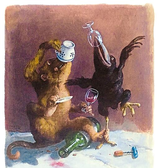 Hommage an Wilhelm Busch von Rudi Hurzlmeier: "Hans Huckebein und Fips der Affe / vergreifen sich an Wein und Kaffe".