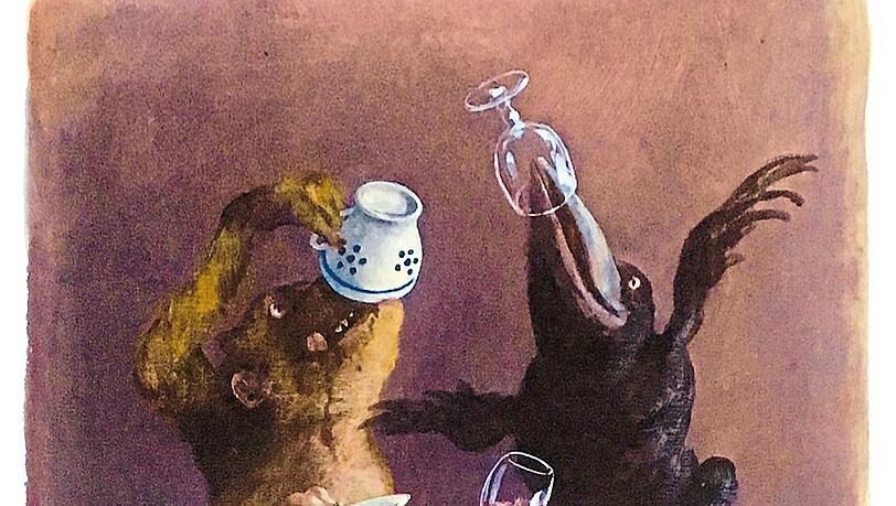 Hommage an Wilhelm Busch von Rudi Hurzlmeier: "Hans Huckebein und Fips der Affe / vergreifen sich an Wein und Kaffe". Hommage an Wilhelm Busch von Rudi Hurzlmeier: "Hans Huckebein und Fips der Affe / vergreifen sich an Wein und Kaffe".
