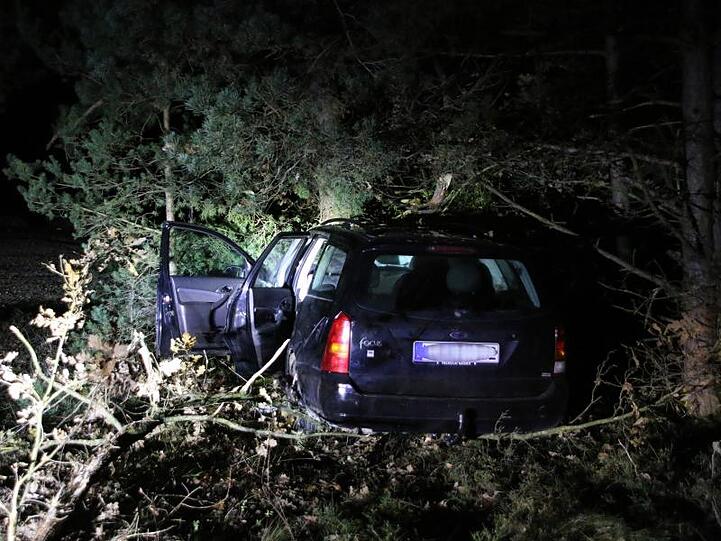 Ein beschädigter PKW steht vor einem Baum. Foto: Andy Eberlein/dpa