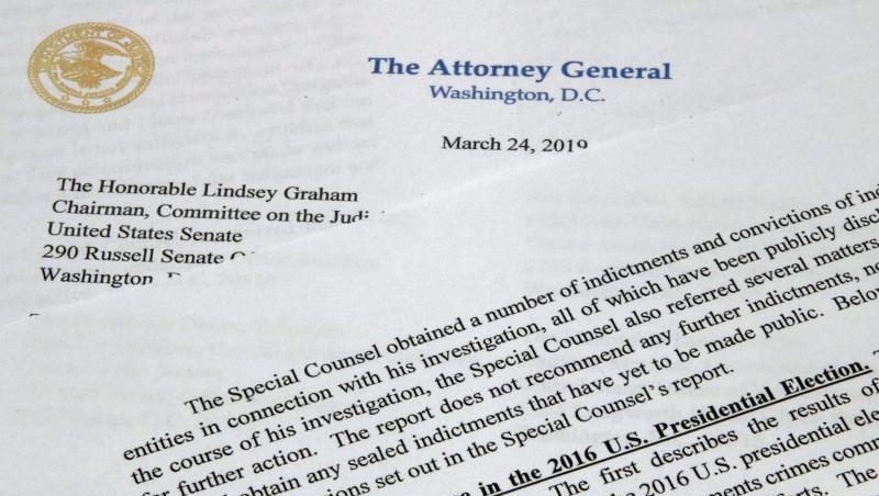 Eine Kopie des Schreibens von US-Justizminister Barr, mit dem er den Kongress über die wichtigsten Schlussfolgerungen von Sonderermittler Mueller informiert hat. Eine Kopie des Schreibens von US-Justizminister Barr, mit dem er den Kongress über die wichtigsten Schlussfolgerungen von Sonderermittler Mueller informiert hat.