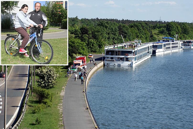 Am Montag saß die elfjährige Yeliz (hier mit ihrem Vater) wieder auf dem Fahrrad ihrer Schwester. Mit dem war sie 24 Stunden zuvor an der Nürnberger Personenschifffahrt-Lände in den Main-Donau-Kanal gestürzt.