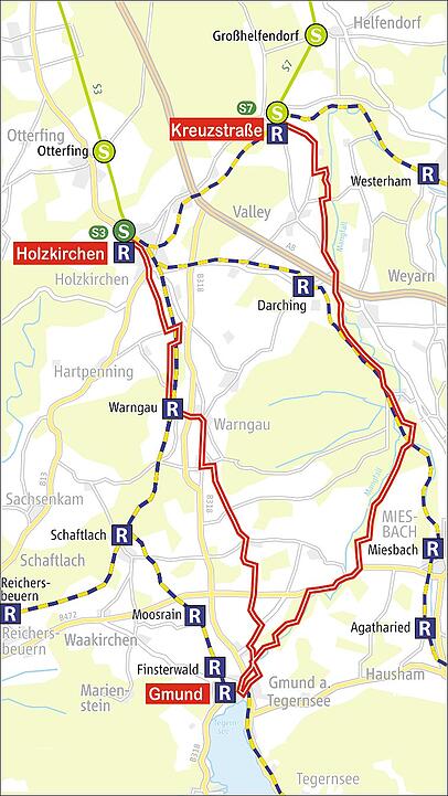 Der Verlauf der Tour von Holzkirchen, über Gmund nach Kreuzstraße. Der Verlauf der Tour von Holzkirchen, über Gmund nach Kreuzstraße.