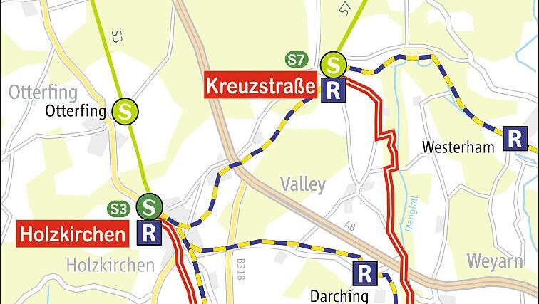 Der Verlauf der Tour von Holzkirchen, über Gmund nach Kreuzstraße.