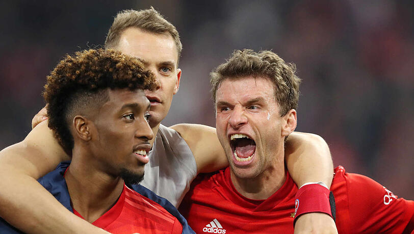 Fester Bestandteil der Mannschaft: Kingsley Coman (l.), hier neben Manuel Neuer (m.) und Thomas Müller.