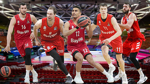 Sie sollen den FC Bayern beim Geisterturnier im Audi Dome zur dritten Meisterschaft in Serie führen (v.l.): Paul Zipser, Petteri Koponen, Maodo Lo, Vladimir Lucic und Danilo Barthel.