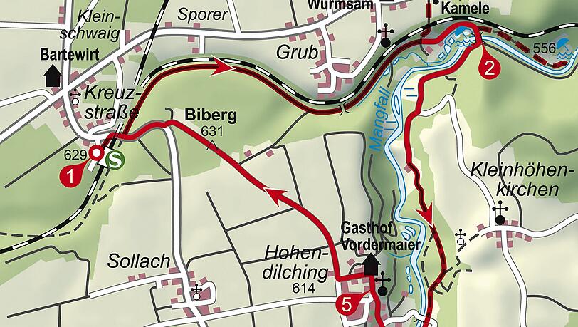 Die Wanderroute durch das Mangfalltal. Die Wanderroute durch das Mangfalltal.