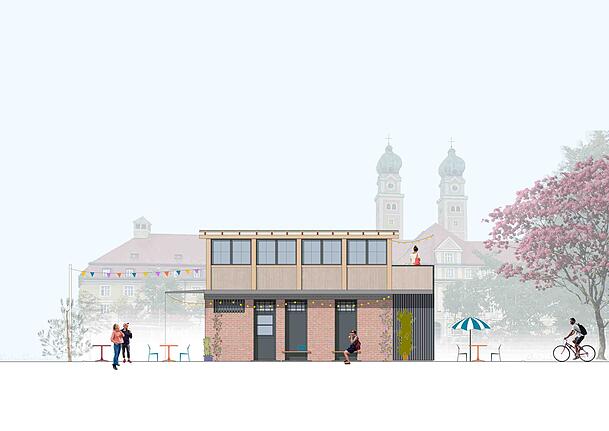 Dachterrasse auf dem Häusl: So soll das Freiluftcafé Backsteinchen am Luise-Kiesselbach-Platz nächstes Frühjahr aussehen. Dachterrasse auf dem Häusl: So soll das Freiluftcafé Backsteinchen am Luise-Kiesselbach-Platz nächstes Frühjahr aussehen.