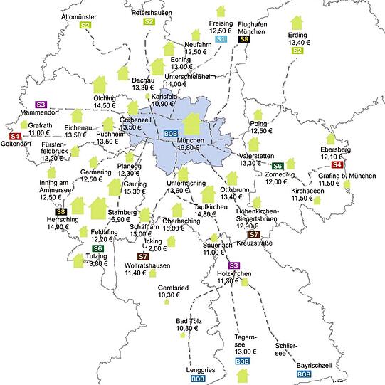 Was muss man in Stadt und Umland pro Quadratmeter für eine Mietwohnung (Bestand) hinlegen? Diese Karte zeigt: Dort, wo BOB und S-Bahn fahren, ist es meistens auch nicht richtig günstig.