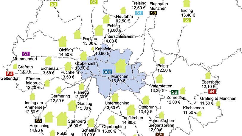 Was muss man in Stadt und Umland pro Quadratmeter für eine Mietwohnung (Bestand) hinlegen? Diese Karte zeigt: Dort, wo BOB und S-Bahn fahren, ist es meistens auch nicht richtig günstig. Was muss man in Stadt und Umland pro Quadratmeter für eine Mietwohnung (Bestand) hinlegen? Diese Karte zeigt: Dort, wo BOB und S-Bahn fahren, ist es meistens auch nicht richtig günstig.