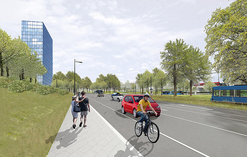 So soll die neue Tramlinie aussehen: Eine Simulation der Hultschiner Straße, rechts im Hintergrund wird die Wendeschleife stehen.