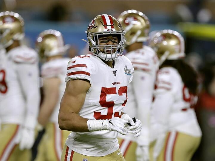 Mark Nzeocha von den San Francisco 49ers in Aktion beim Super Bowl 2020. Foto: Chris O'meara/AP/dpa/Archivbild