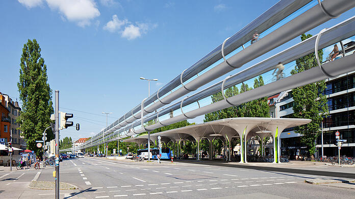An der Münchner Freiheit ginge es in luftiger Höhe über die Straßen hinweg.
