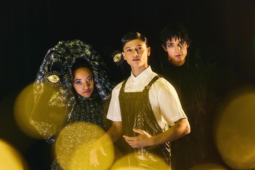 Pinocchio (Tosh Basco) ist der fantastische Junge aus Holz. In den Kammerspielen begleiten ihn und die Zuschauer eine Schnecke (Nad&egrave;ge Meta Kanku, links) und eine Amsel (Konstantin Schumann) auf seiner Weltenreise.