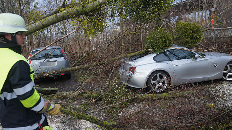 Die Feuerwehr in der Schwabenbächlstraße in Karlsfeld. Hier wurden mehrere Autos von herabstürzenden Bäumen erwischt.