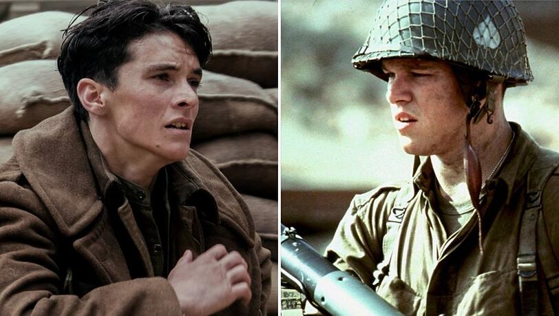 Fionn Whitehead (l.) in "Dunkirk" und Matt Damon in "Der Soldat James Ryan". Fionn Whitehead (l.) in "Dunkirk" und Matt Damon in "Der Soldat James Ryan".