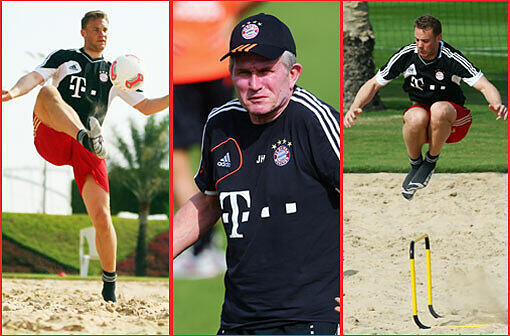 Letzte Trainingseinheit in Doha: Manuel Neuer springt durch den Sand während die restlichen Spieler ein leichtes Regenerations-Training absolvieren.