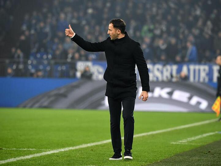 Der Trainer Domenico Tedesco von Schalke gestikuliert während des Spiels. Foto: Ina Fassbender/Archiv