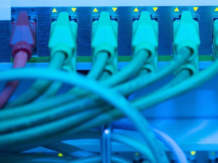 Netzwerkkabel in einem Serverraum. Foto: Sebastian Kahnert/Archivbild