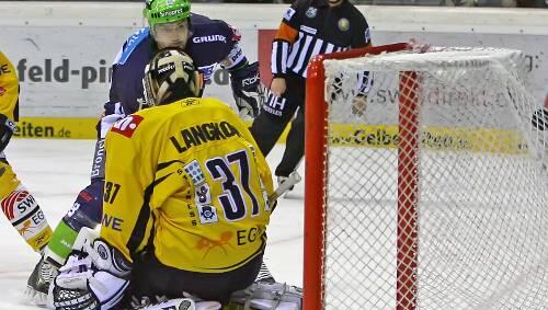 Rechts oben zappelt der Puck: Brad Leeb ließ Krefelds Torhüter Scott Lankow beim 1:0 der Ice Tigers keine Chance. Rechts oben zappelt der Puck: Brad Leeb ließ Krefelds Torhüter Scott Lankow beim 1:0 der Ice Tigers keine Chance.