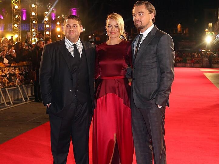 Jonah Hill (li.), Margot Robbie und Leonardo DiCaprio bei der UK-Premiere ihres Kinoflm "The Wolf Of Wall Street" im Januar in London