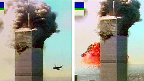Der Moment, als die Welt realisierte, dass es sich um Terror und nicht um einen Unfall handelt: Das zweite Flugzeug trifft den Südturm des World Trade Center.