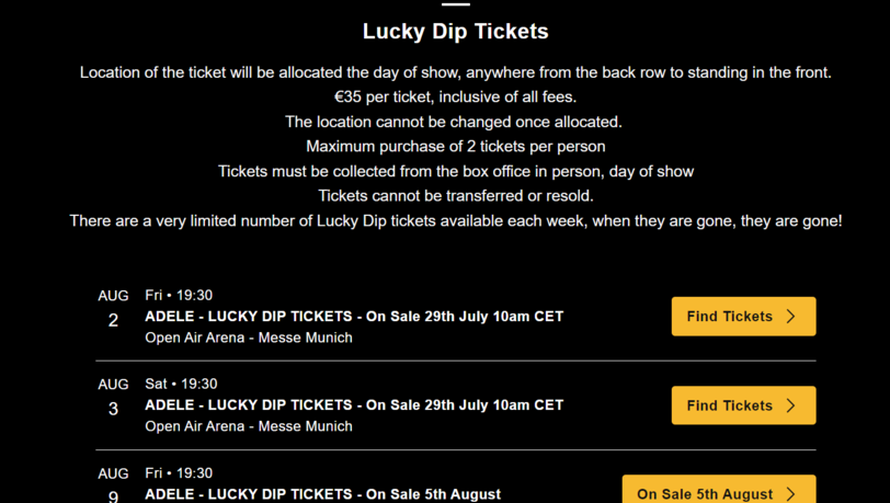Die Rolling Stones sollen sie erfunden haben: Lucky Dip Tickets gibt es jetzt auch für Adele live in München. Für nur 35 Euro.