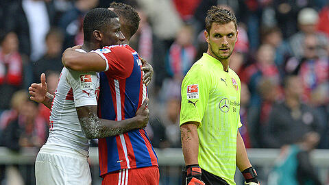 13. September 2014: Antonio Rüdiger (links) und der heutige Bayern-Ersatzkeeper Sven Ulreich (rechts) verlieren mit dem VfB Stuttgart 0:2 beim FC Bayern. Dessen Innenverteidiger Jerome Boateng tröstet Verlierer Rüdiger.