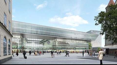 Der neue Hauptbahnhof vom Bahnhofsplatz aus. Rechts und links sollen einmal Läden, Gastronomie und Büros einziehen.