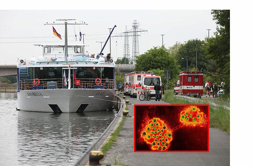 Die Amabella im Nürnberger Hafen: Ärzte, Sanitäter, Polizei, Gesundheitsamt und Feuerwehr eilten zu dem Kreuzfahrtschiff, auf dem 20 Passagiere und ein Crew-Mitglied vom Norovirus befallen sind. Die Krankheit dauert zehn bis 70 Stunden.