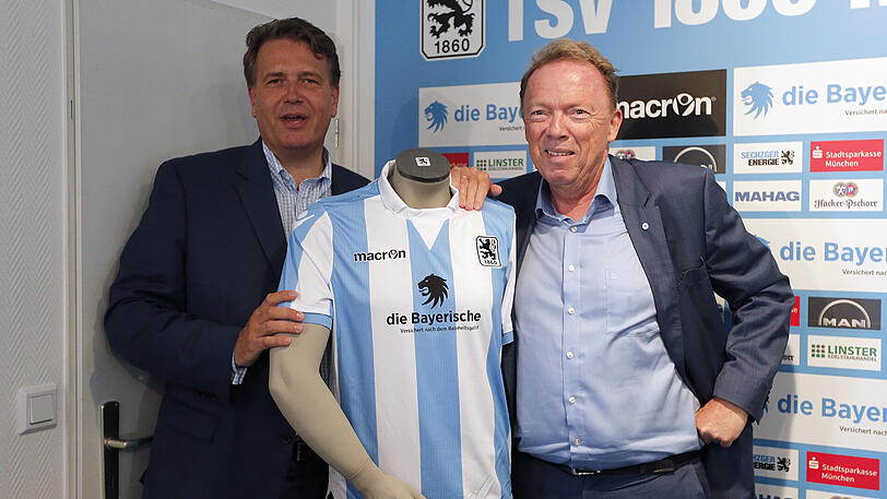 Martin Gräfer (die Bayrische) und Löwen-Präsident Peter Cassalette bei der Vorstellung des neuen Sponsors im Juli 2016.