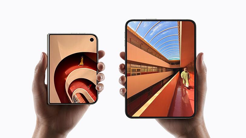 5,4 Zoll misst das Außendisplay des iPhone Duo, 7,6 Zoll das Innendisplay. 5,4 Zoll misst das Außendisplay des iPhone Duo, 7,6 Zoll das Innendisplay.