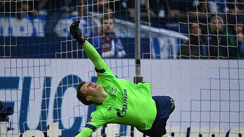 Alexander Nübel vom FC Schalke 04 springt beim Elfmeter nach dem Ball. Foto: Ina Fassbender/dpa/Archivbild