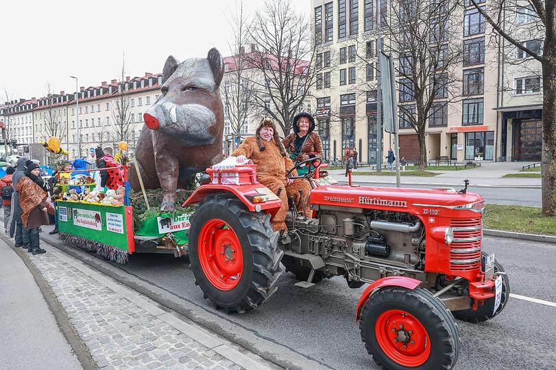 Etliche Vereine, Tanzgruppen, Faschingsgesellschaften und Privatleute fahren mit - hier die Firma Häusler aus Englschalking mit Riesenwildsau.