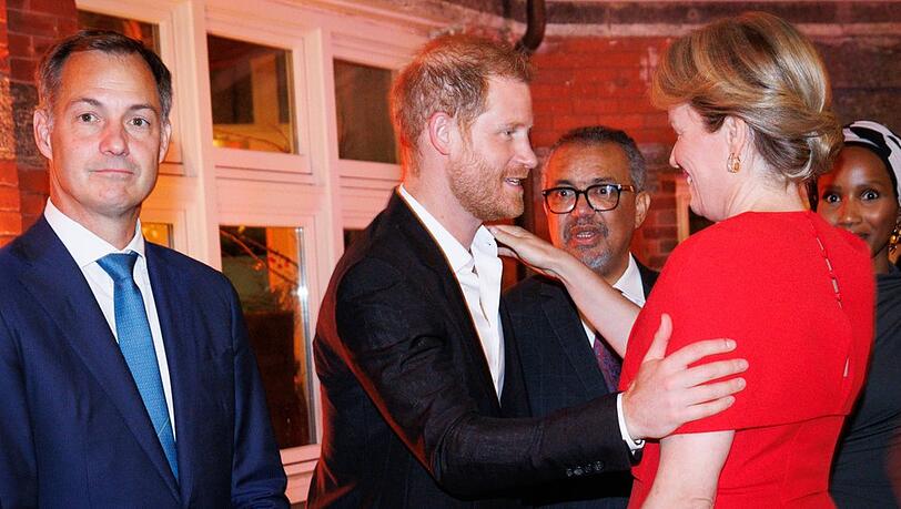Prinz Harry begrüßt die belgische Königin Mathilde bei einem WHO-Dinner in New York.