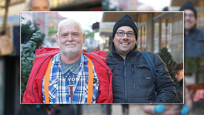 Rentner Reinhard (links, mit Krankenpfleger Stefan): "Ich liebe es Hosenträger zu tragen. Ich habe über 20 Hosenträger zuhause. Ich bin ein Adonis mit Waschbrettbauch und Speckmantel - und Stefan ist mein Freund. Mittwochs sind wir oft mit Freunden zum Early-Bird-Menü im gehobenen Restaurant Zauberberg in der Hedwigstraße. Da gibt es keine reguläre Speisekarte. Wir haben dort schonmal zwölf Stunden gegartes Rindfleisch gegessen. Und wir schwören auf Zuppa-Romana Torte mit echt bayerischem Käffchen im Café Wiener in der Reichenbachstraße. Da ist es herrlich!"
