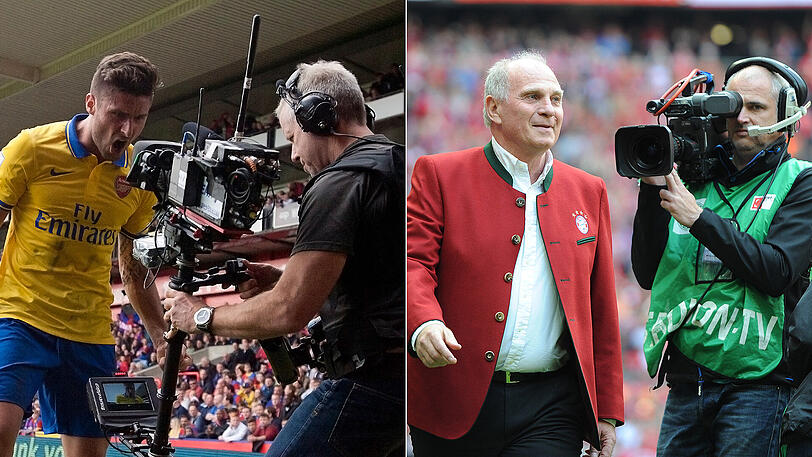 Einnahmen durch TV-Gelder: Jubelposen in der englischen Premier League, gute Miene zu bösem Spiel in der Bundesliga - hier Bayern-Präsident Uli Hoeneß (rechts).