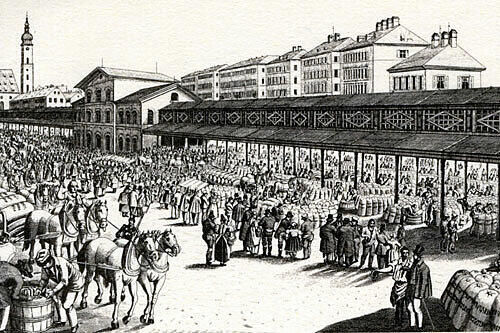 So sah die Schrannenhalle einmal aus: Ein riesiger Koloss, den Karl Muffat 1851 bis 1853 als Markthalle für Getreide am Rand des Viktualienmarktes errichtet hat.